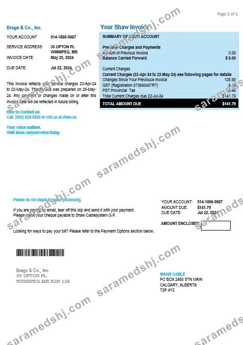 Canada Shaw business utility bill template in Word and PDF formats